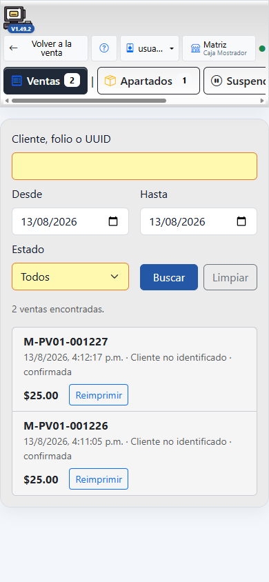 Historial móvil real de ventas de Impulso POS