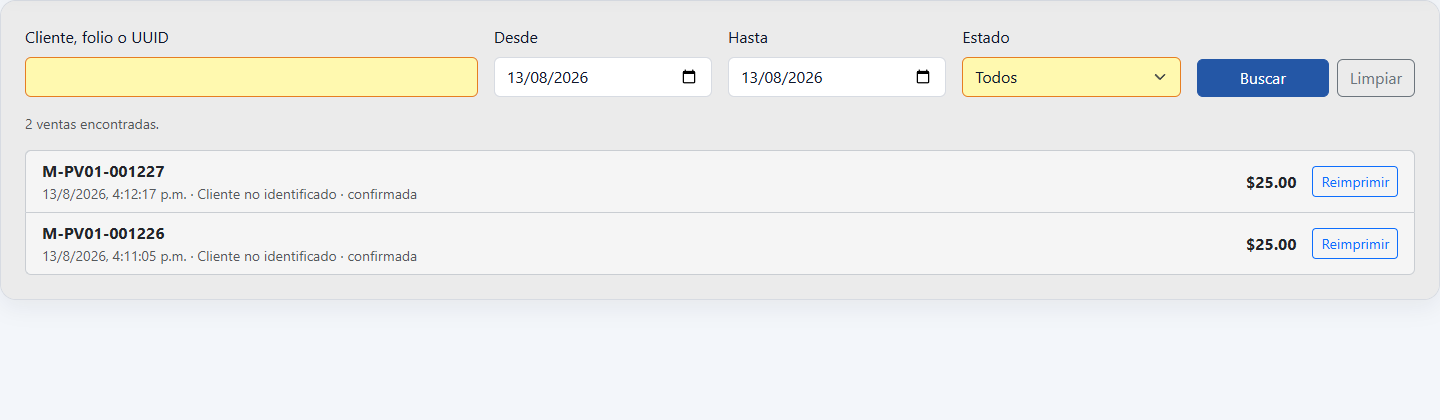 Centro de operaciones con filtros e historial de ventas
