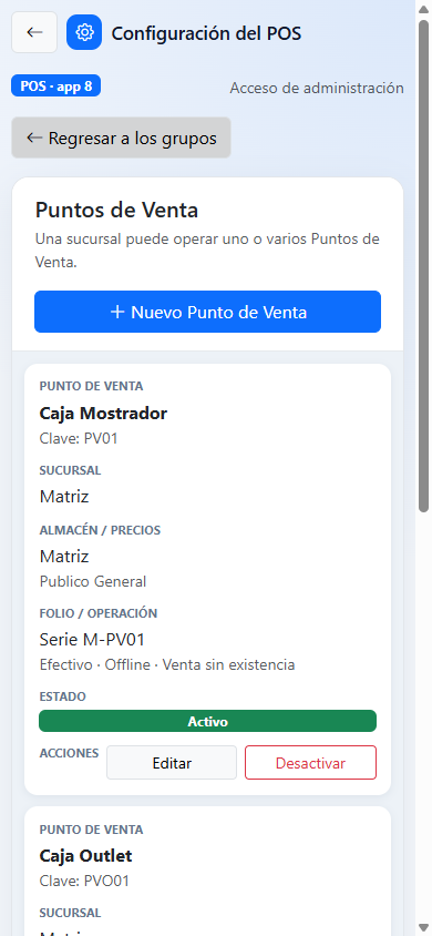 Configuración móvil real de cajas y sucursales
