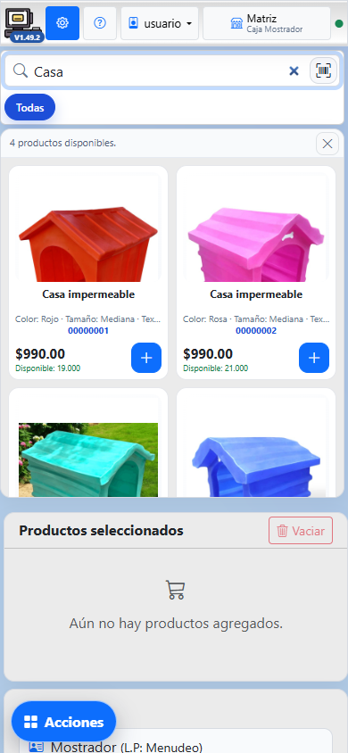 Catálogo móvil real de Impulso POS